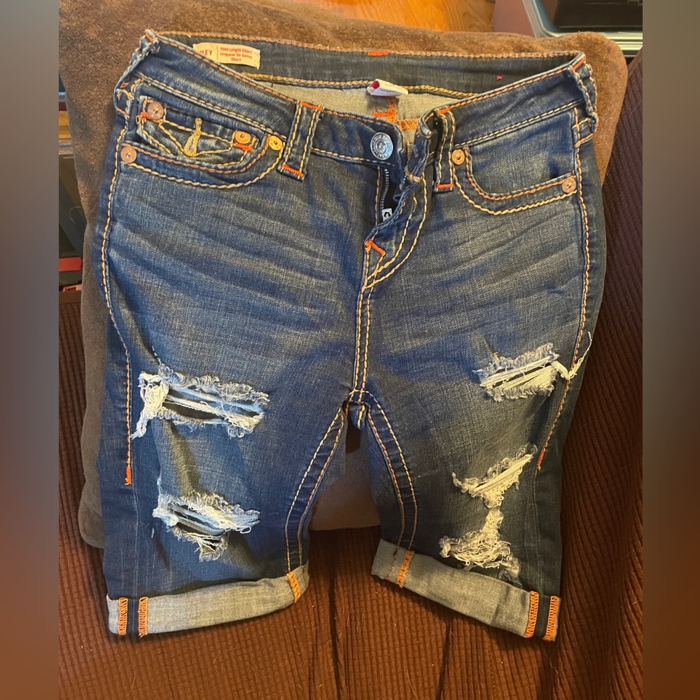 True Religion Riley Knee Length Bermuda Jean Distressed Shorts - Size 28